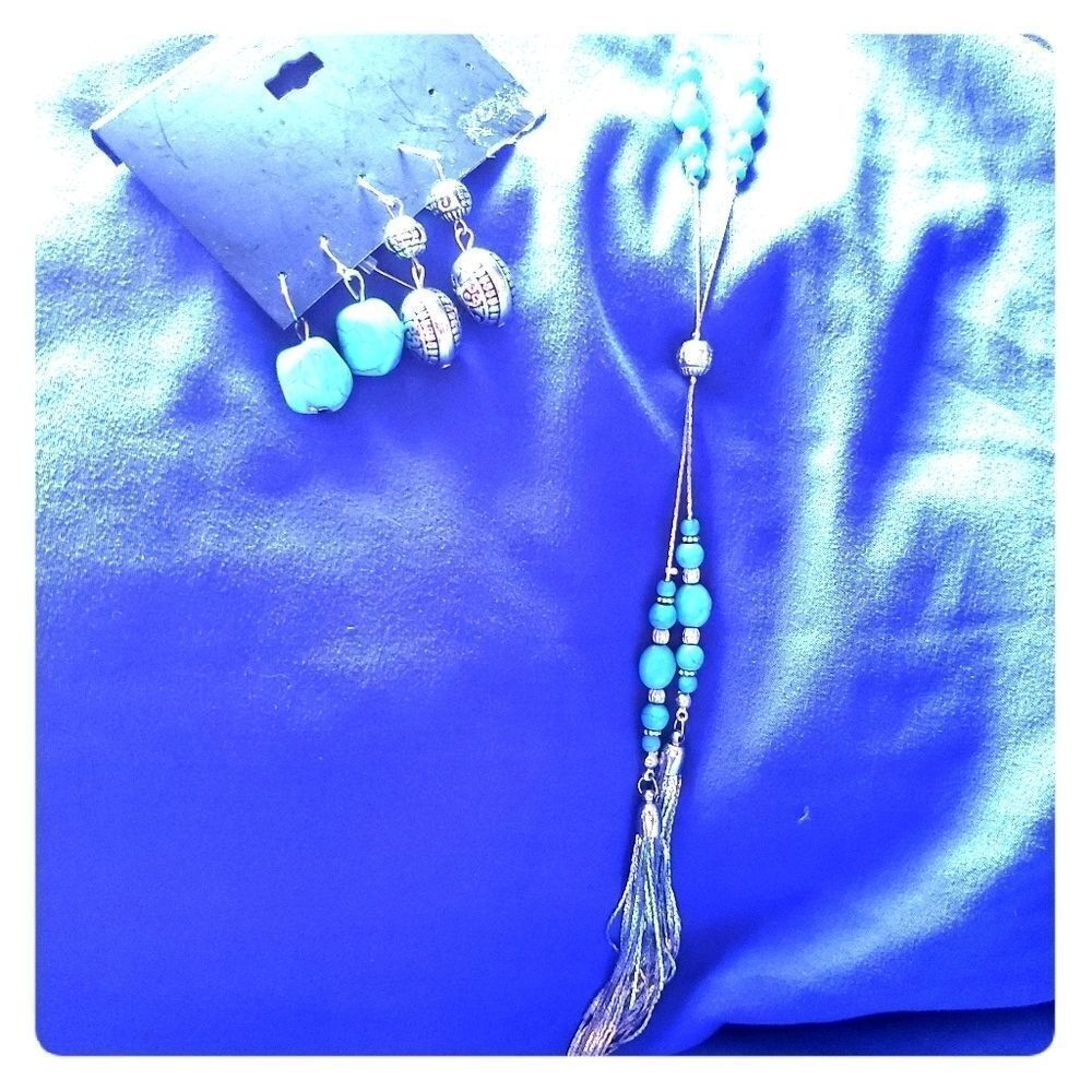 Silver Turquoise Necklace And 2 Earrings Set